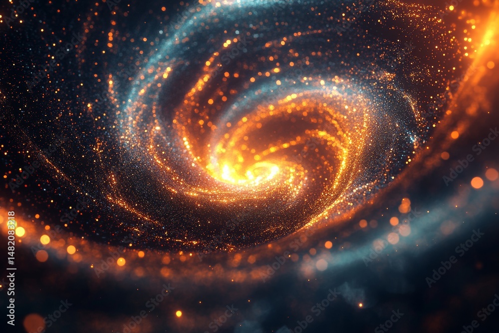 Poster a mesmerizing vortex of tiny glowing particles swirls energetically, creating an enchanting sense of