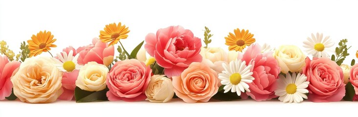 Obraz premium Horizontal Border of Peach Pink and White Roses and Daisies