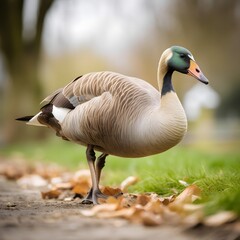 Obraz premium A curious goose pecking at the ground