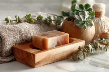 Natural handmade soap in wooden soap dish on marble counter