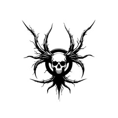 Intricate skull design, surrounded by stark thorny branches in monochrome