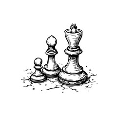 Chess pieces trio evokes strategy game, creative thinking, planning and conceptual art