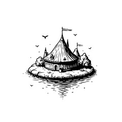 Whimsical hand-drawn tent illustration with stylized water reflection and serene ambiance