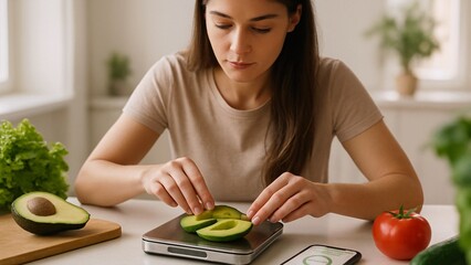 Young woman carefully placing avocado slices on a kitchen scale, monitoring her food intake with a nutrition app on her smartphone, promoting healthy eating habits and mindful consumption