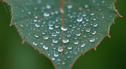 Fototapeta premium Leaf covered in water droplets symbolizing freshness and purity, with green background