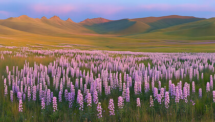 Serene sunset landscape showcasing a vast field of vibrant purple lupine flowers against a backdrop of rolling green hills and majestic mountains.