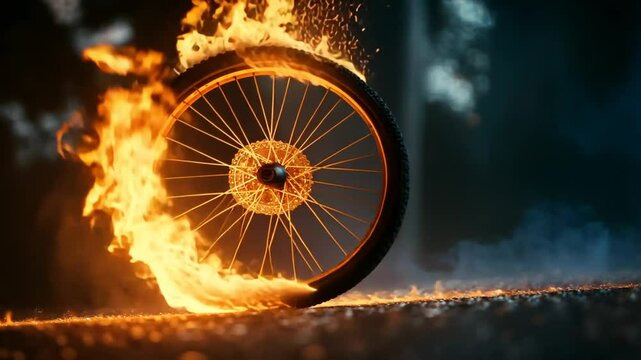 Fiery glowing wheel abstract image dynamic energy warm color palette motion blur technology concept