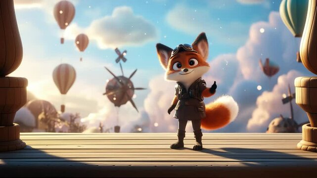 A cute 3D style talking fox against a whimsical colourful backdrop