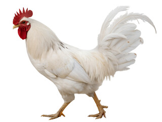 Fototapeta premium Portrait of a White Rooster Walking Isolated on transparent background cutout, PNG file, Cutout file
