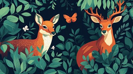 Two deer nestled among lush forest foliage.