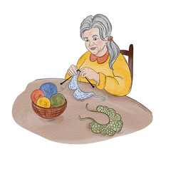 Watercolor illustration of elderly woman knitting. A woman knitting at home with colorful yarns and crochet.