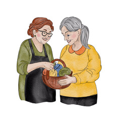 Watercolor illustration of elderly women with handmade items.	Two women smiling and holding a basket with yarn and handmade gifts.