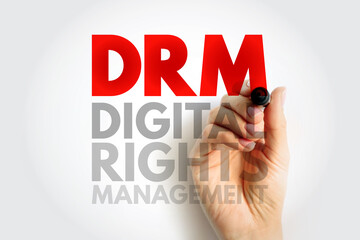 DRM Digital Rights Management - set of access control technologies for restricting the use of proprietary hardware and copyrighted works, acronym text concept background