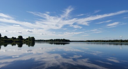 Fototapeta premium Still lake reflecting sky serenity, peaceful nature scene, cloud reflections