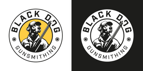 Hunting dog portrait logo in circle with rifle and cap. Rugged emblem for Black Dog Gunsmithing brand.