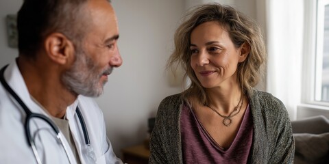Obraz premium A woman and a doctor are talking in a room. The woman is smiling and the doctor is wearing a white coat