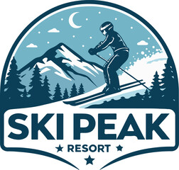 Ski Resort Emblem with Skier and Mountains
