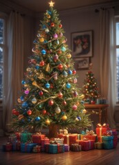 Naklejka premium Ornate Christmas tree, vibrant lights, colorful presents , winter, holiday, lights