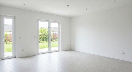 Photo Modern Minimalist Empty White Room with Large Glass Doors to Garden