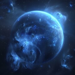 Stunning Blue glowing planet in space, dark background, stars, nebulae, space view.