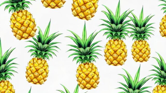 Seamless repeating watercolor pattern of pineapples on clean white background, tropical fruit illustration concept for fabric and summer design use