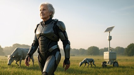 Elderly woman farmer wearing a powered exoskeleton walks through a field with a robotic cow and dog, showcasing the future of agriculture with advanced technology and automation