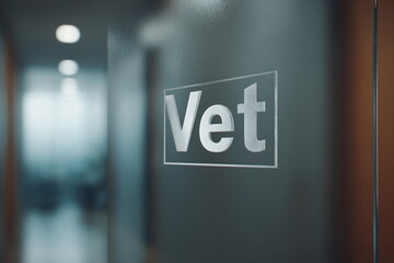 A modern veterinary clinic entrance with a glass door and clear &ldquo;Vet&rdquo; sign reflects professionalism and high quality pet care in a clean urban setting.

