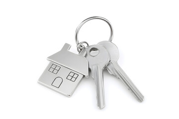 House keys with house shaped keychain isolated on white background. Real estate