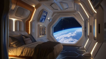 Futuristic space bedroom interior design, showcasing a view of Earth.