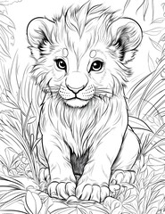 Cute Baby Lion Coloring Page with Simple Line Art Style. Bold Black Outlines Against Light Colors, Suitable for Easy Coloring