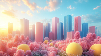 Colorful cityscape with pastel buildings and trees in a surreal landscape at sunrise.