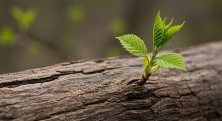 Naklejka premium New sprout emerging representing growth and renewal, on weathered wood