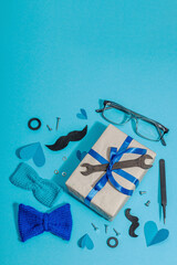 Happy Fathers Day concept. Set of manual tools, tie, spare parts, traditional symbols