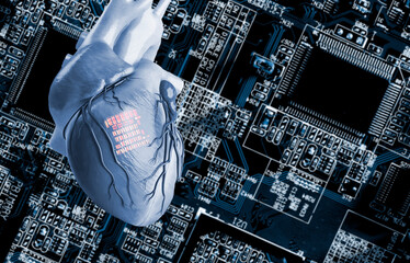 Human heart with implanted microchip, composite image
