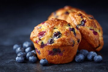 Indulgent blueberry muffins amidst plump berries and blue textures