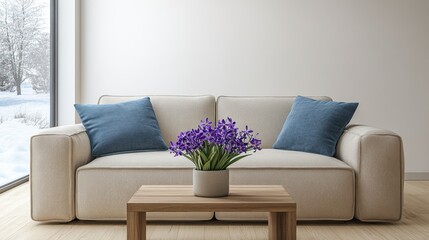 Modern living room with winter view