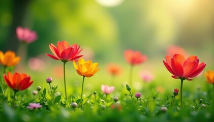 Naklejka premium Vibrant spring flowers blooming in a lush green meadow , leaf, bloom, flowers