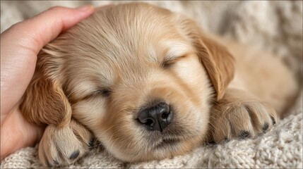 Serene golden retriever puppy resting on cozy blanket