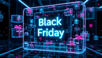 Futuristic Black Friday Promotion with Neon Gifts and Digital Interface