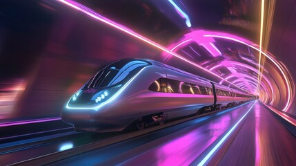 Futuristic train speeding through vibrant neon tunnel.