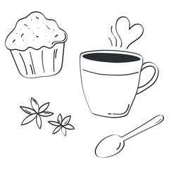 Charming hand drawn vector illustration of a warm cup of tea and a cupcake. Perfect for use in breakfast themed designs, cafe branding, menu design, food blogs, packaging and social media