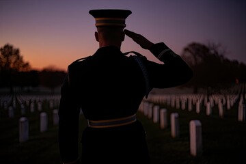 Soldier in silhouette saluting at a cemetery during dusk for memorial day