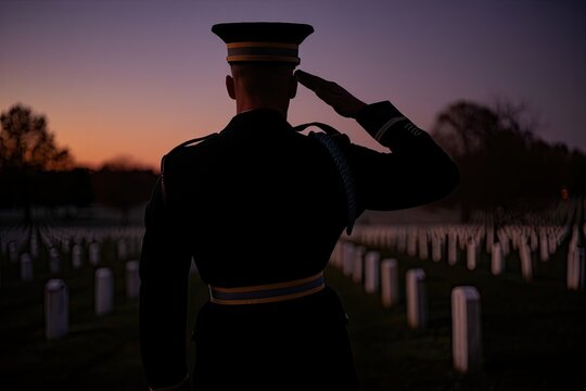 Soldier in silhouette saluting at a cemetery during dusk for memorial day