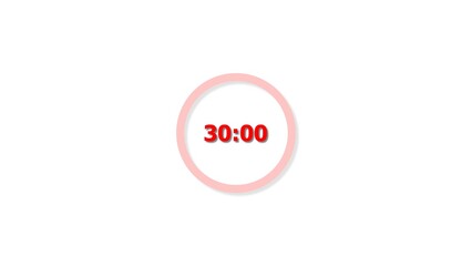 Digital countdown timer red color 4k illustration of 30 second on transparent on white background. 30 seconds digital timer 4k illustration.