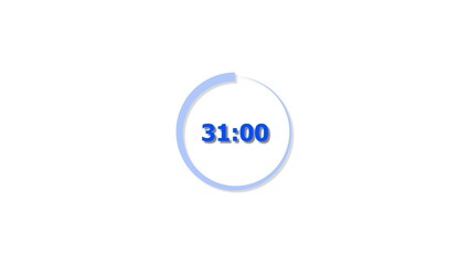 Digital countdown timer royal blue color 4k illustration of 31 second on transparent on white background. 31seconds digital timer 4k illustration .