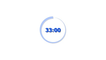 Digital countdown timer royal blue color 4k illustration of 33 second on transparent on white background. 33 seconds digital timer 4k illustration .