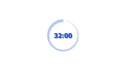 Digital countdown timer royal blue color 4k illustration of 32 second on transparent on white background. 32 seconds digital timer 4k illustration .
