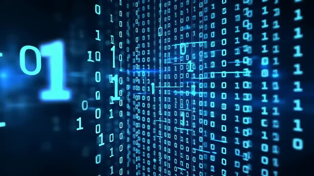 A matrix of blue binary code with glowing zeros and ones