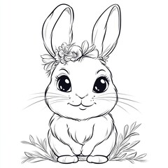 Cute Cartoon Bunny with Big Eyes and Flower Wreath. Kawaii Style Coloring Page for Kids with Simple Line Art Drawing, Thick Lines, White Background, Low Details, No Shading, and Thick Black Outline