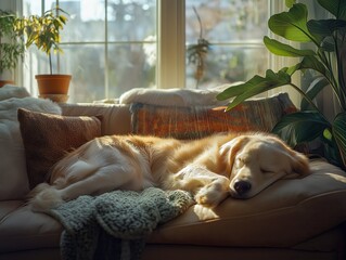 Golden Retriever Sleeping on Sofa in Cozy Living Room with Pillows, Blankets, Sunlight Streaming Through Large Window and Greenery from Plants